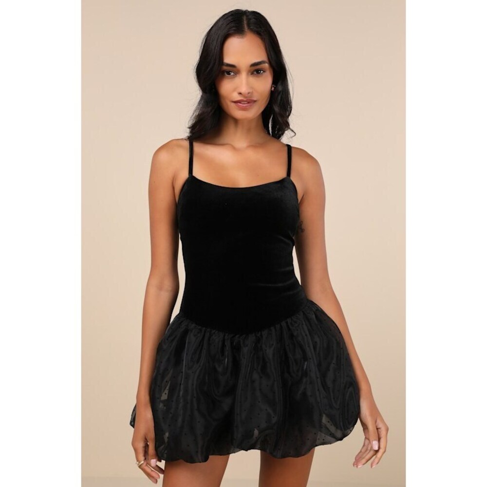 Lulus Coquette Energy Black Polka Dot Velvet Drop Waist Mini Dress - Size XL